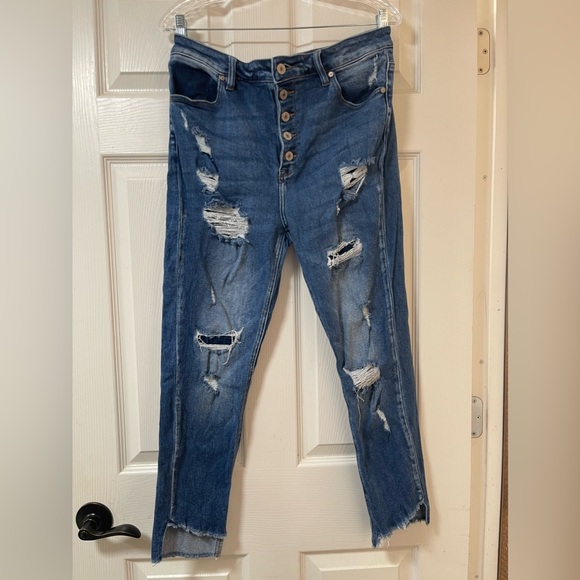 KanCan Medium Wash Distressed Crop Raw Hem Button Front Skinny Jeans Size 15/31 - Picture 2 of 12